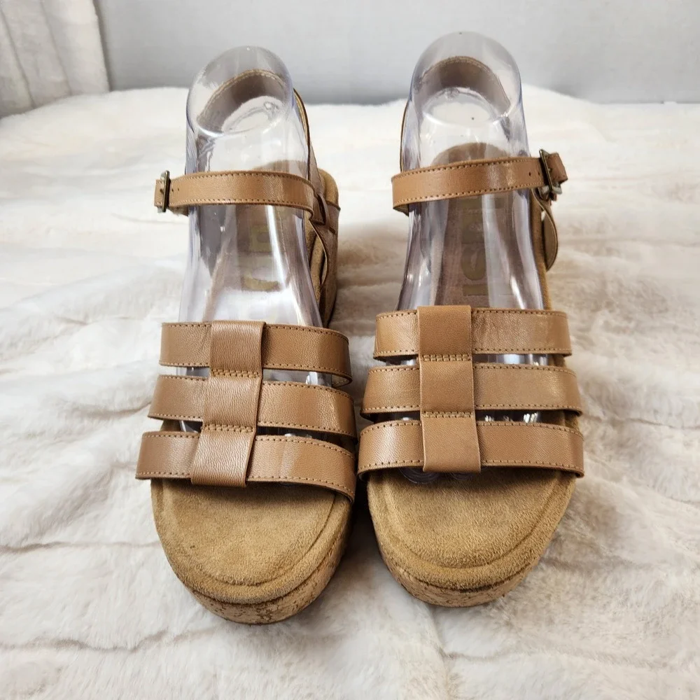 Hush Puppies‎ Womens Tan Leather Cork Platform Wedge Sandals Size 9 Shoe HP61575